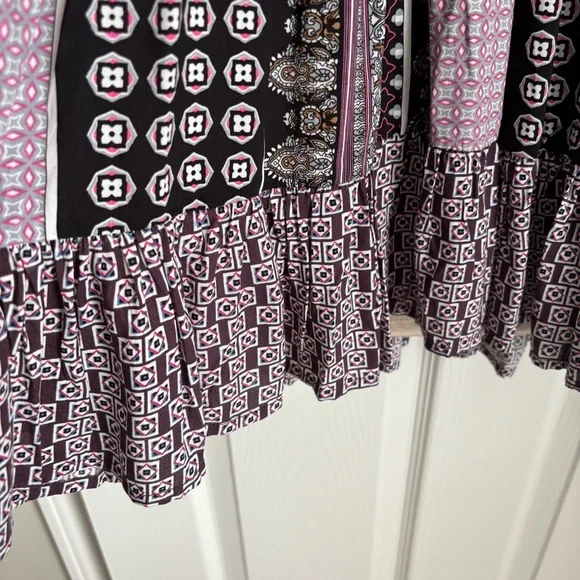VTG Christian Caliendo Women BoHo Purple/White/Black Geo Print Dress Large Flair - Picture 8 of 8